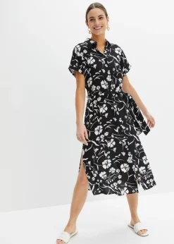 bonprix bonprix Vestido camisero de viscosa pura Negro-blanco New