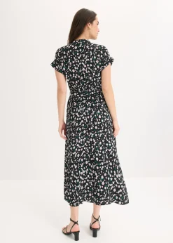 bonprix bonprix Vestido camisero de viscosa fluida Negro de flores Hot