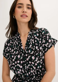 bonprix bonprix Vestido camisero de viscosa fluida Negro de flores Hot