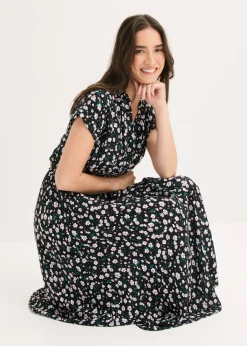 bonprix bonprix Vestido camisero de viscosa fluida Negro de flores Hot