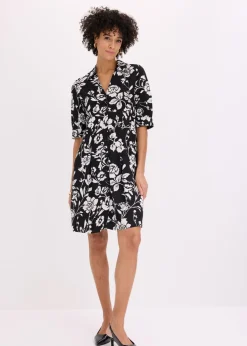 bonprix bonprix Vestido camisero de viscosa fluida Negro-blanco lana de flores Online