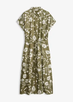 bonprix bonprix Vestido camisero de viscosa pura Verde oliva-blanco de flores Outlet
