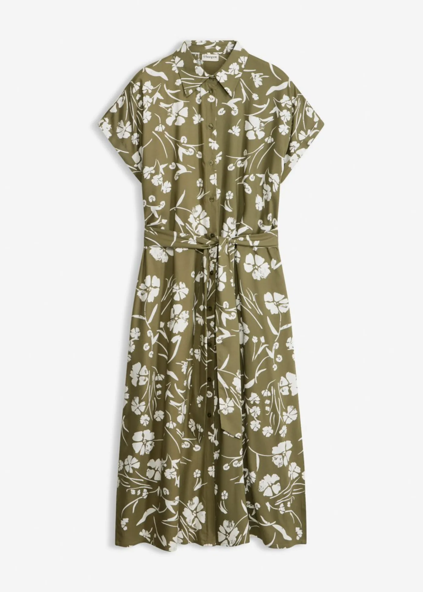 bonprix bonprix Vestido camisero de viscosa pura Verde oliva-blanco de flores Outlet