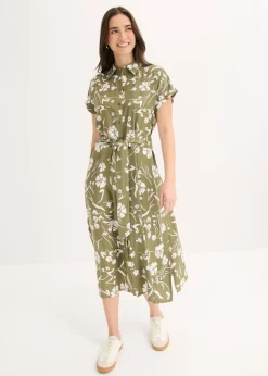 bonprix bonprix Vestido camisero de viscosa pura Verde oliva-blanco de flores Outlet