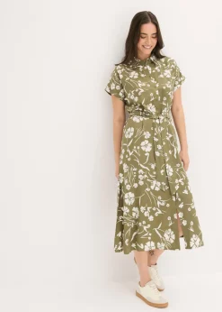 bonprix bonprix Vestido camisero de viscosa pura Verde oliva-blanco de flores Outlet