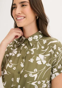 bonprix bonprix Vestido camisero de viscosa pura Verde oliva-blanco de flores Outlet