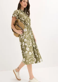 bonprix bonprix Vestido camisero de viscosa pura Verde oliva-blanco de flores Outlet