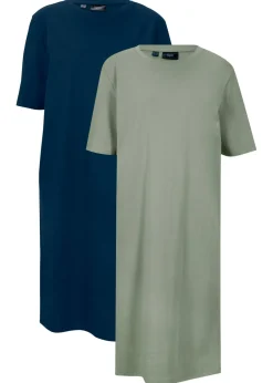 bonprix bonprix Vestido camisero holgado de algodón puro (2 unidades) Azul marino + verde hierba Discount