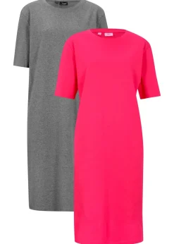 bonprix bonprix Vestido camisero holgado de algodón puro (2 unidades) Rosa hibisco + gris jaspeado Outlet