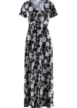 bonprix bonprix Vestido camisero largo de mezcla de viscosa fluida negro - blanco - plata - oliva pálido - gris - pizarra con flores New