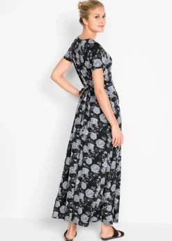 bonprix bonprix Vestido camisero largo de mezcla de viscosa fluida negro - blanco - plata - oliva pálido - gris - pizarra con flores New