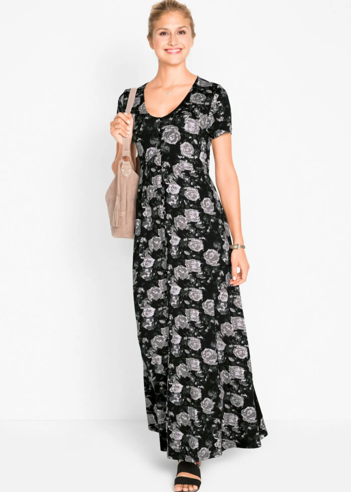bonprix bonprix Vestido camisero largo de mezcla de viscosa fluida negro - blanco - plata - oliva pálido - gris - pizarra con flores New