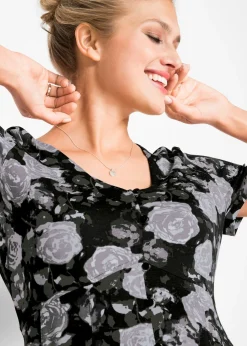 bonprix bonprix Vestido camisero largo de mezcla de viscosa fluida negro - blanco - plata - oliva pálido - gris - pizarra con flores New