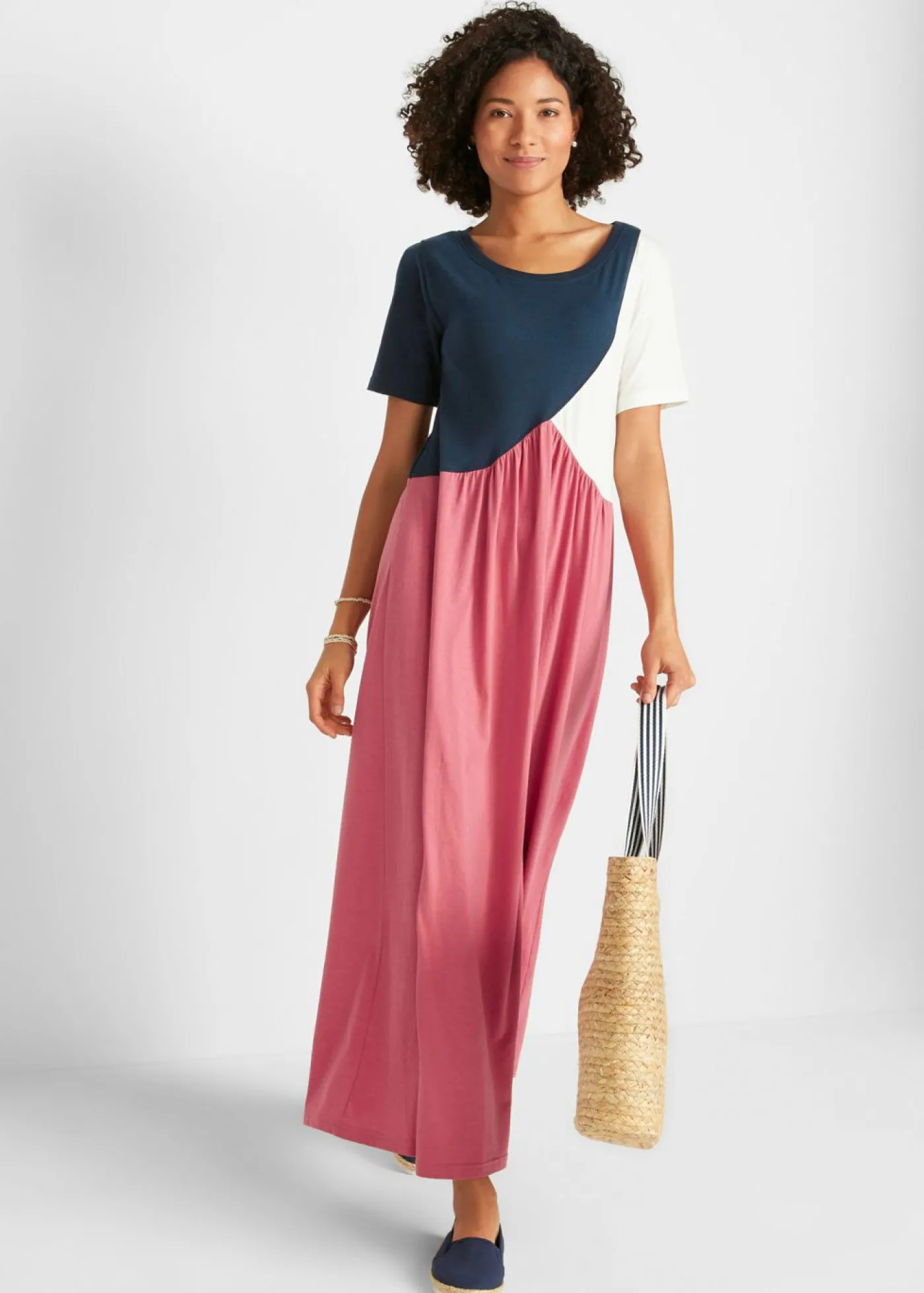 bonprix bonprix Vestido camisero largo y ancho en mezcla de algodón y viscosa rojo / azul marino / crema suave Discount