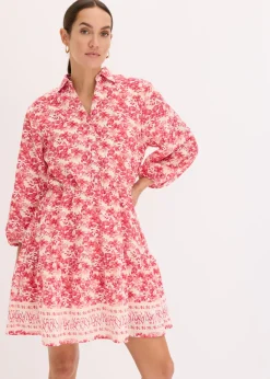bonprix bonprix Vestido con aspecto de lino blanco lana-rosa caliente Online