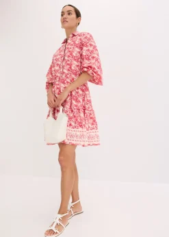 bonprix bonprix Vestido con aspecto de lino blanco lana-rosa caliente Online
