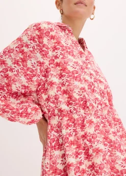 bonprix bonprix Vestido con aspecto de lino blanco lana-rosa caliente Online