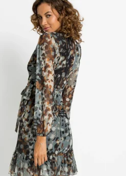 bonprix bonprix Vestido con diseño cruzado marrón oscuro / beige / amarillo Outlet