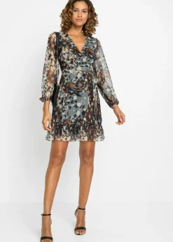 bonprix bonprix Vestido con diseño cruzado marrón oscuro / beige / amarillo Outlet