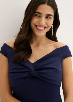 bonprix bonprix Vestido con escote bañera y detalle de nudo Azul marino-blanco New
