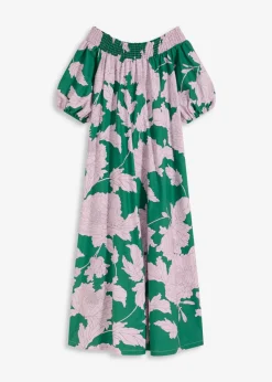 bonprix bonprix Vestido con escote bañera de algodón puro verde/violeta de flores