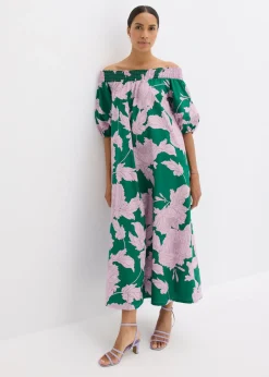 bonprix bonprix Vestido con escote bañera de algodón puro verde/violeta de flores