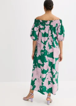 bonprix bonprix Vestido con escote bañera de algodón puro verde/violeta de flores