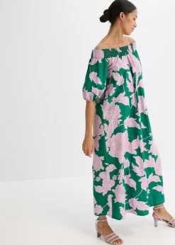 bonprix bonprix Vestido con escote bañera de algodón puro verde/violeta de flores