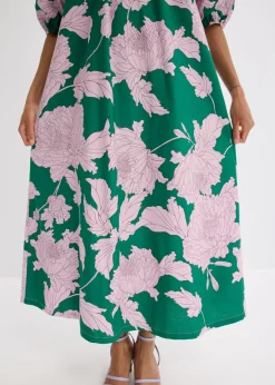 bonprix bonprix Vestido con escote bañera de algodón puro verde/violeta de flores