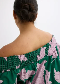 bonprix bonprix Vestido con escote bañera de algodón puro verde/violeta de flores