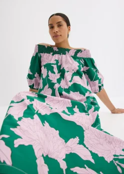 bonprix bonprix Vestido con escote bañera de algodón puro verde/violeta de flores