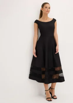 bonprix bonprix Vestido con escote bañera, encaje y cinturón Negro New