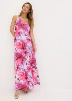 bonprix bonprix Vestido con hombro al descubierto en crepé texturizado Blanco-rosa de flores Online