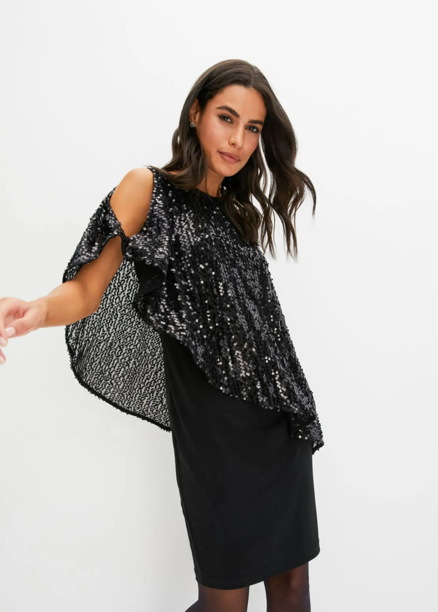 bonprix bonprix Vestido con hombros al descubierto y lentejuelas Negro Hot