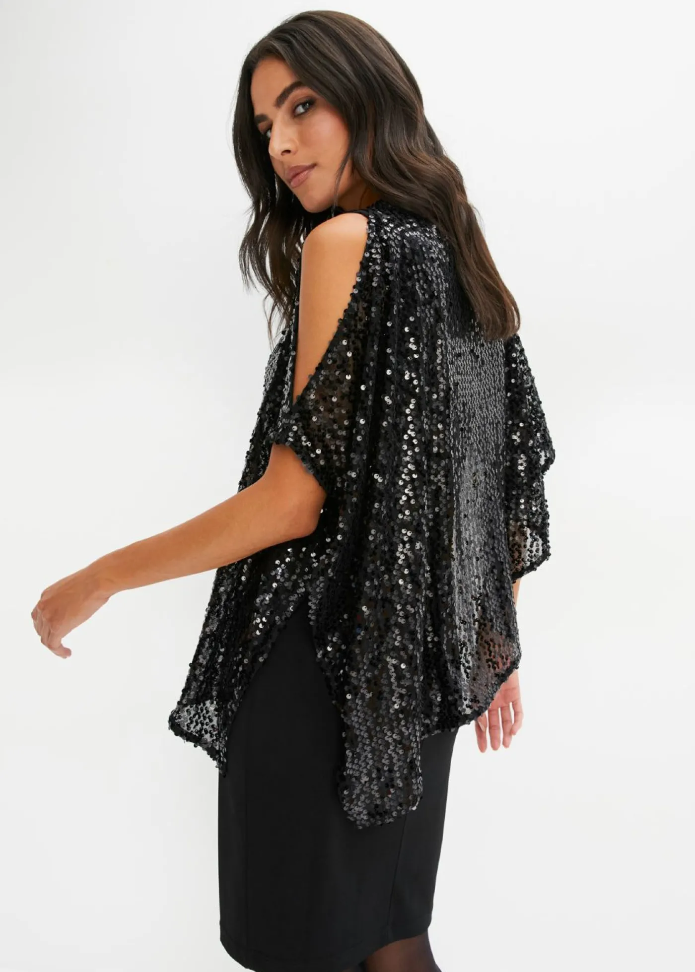 bonprix bonprix Vestido con hombros al descubierto y lentejuelas Negro Hot