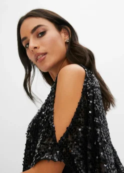 bonprix bonprix Vestido con hombros al descubierto y lentejuelas Negro Hot