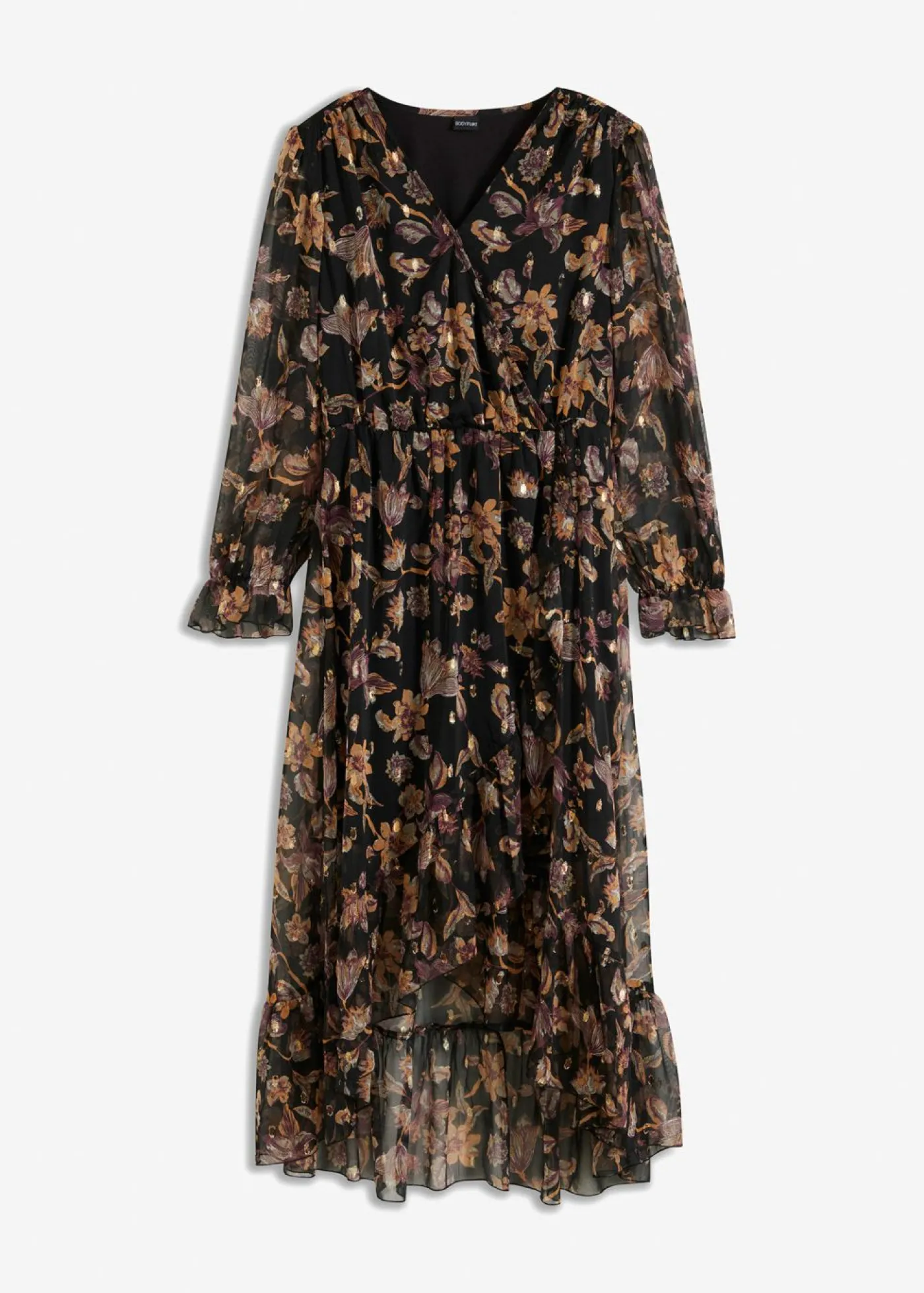 bonprix bonprix Vestido con largo asimétrico Negro con flores Online