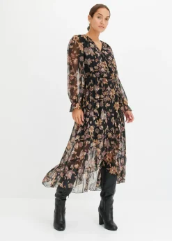 bonprix bonprix Vestido con largo asimétrico Negro con flores Online