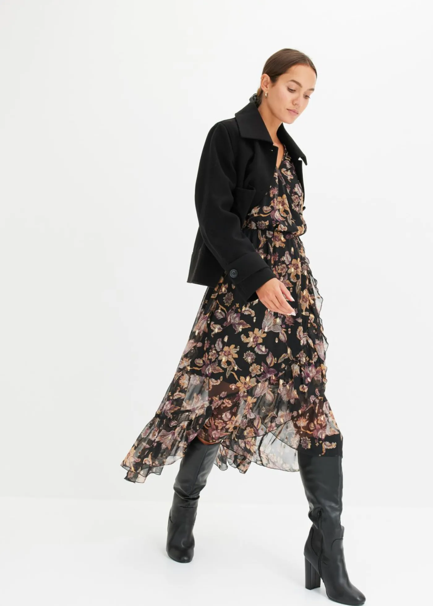 bonprix bonprix Vestido con largo asimétrico Negro con flores Online