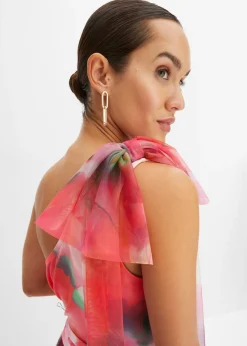 bonprix bonprix Vestido con un hombro al descubierto y falda de tul plisado rosa caliente/verde Outlet