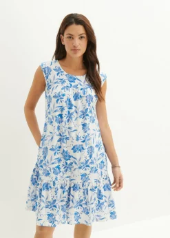 bonprix bonprix Vestido con volante, hasta la rodilla blanco/azur con flores Sale