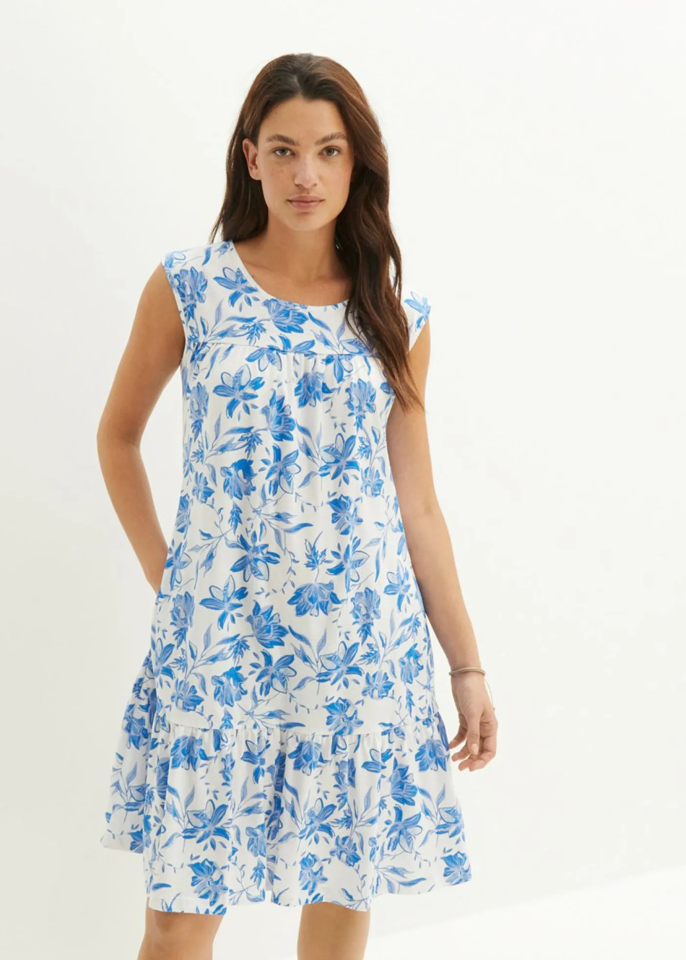 bonprix bonprix Vestido con volante, hasta la rodilla blanco/azur con flores Sale