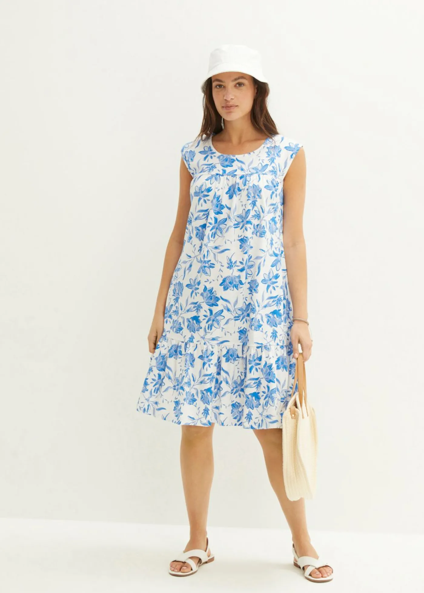 bonprix bonprix Vestido con volante, hasta la rodilla blanco/azur con flores Sale