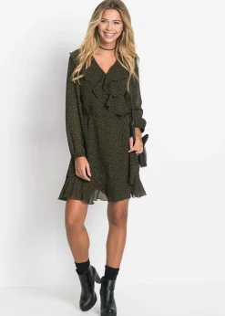 bonprix bonprix Vestido corto con efecto cruzado oliva / negro topos Sale