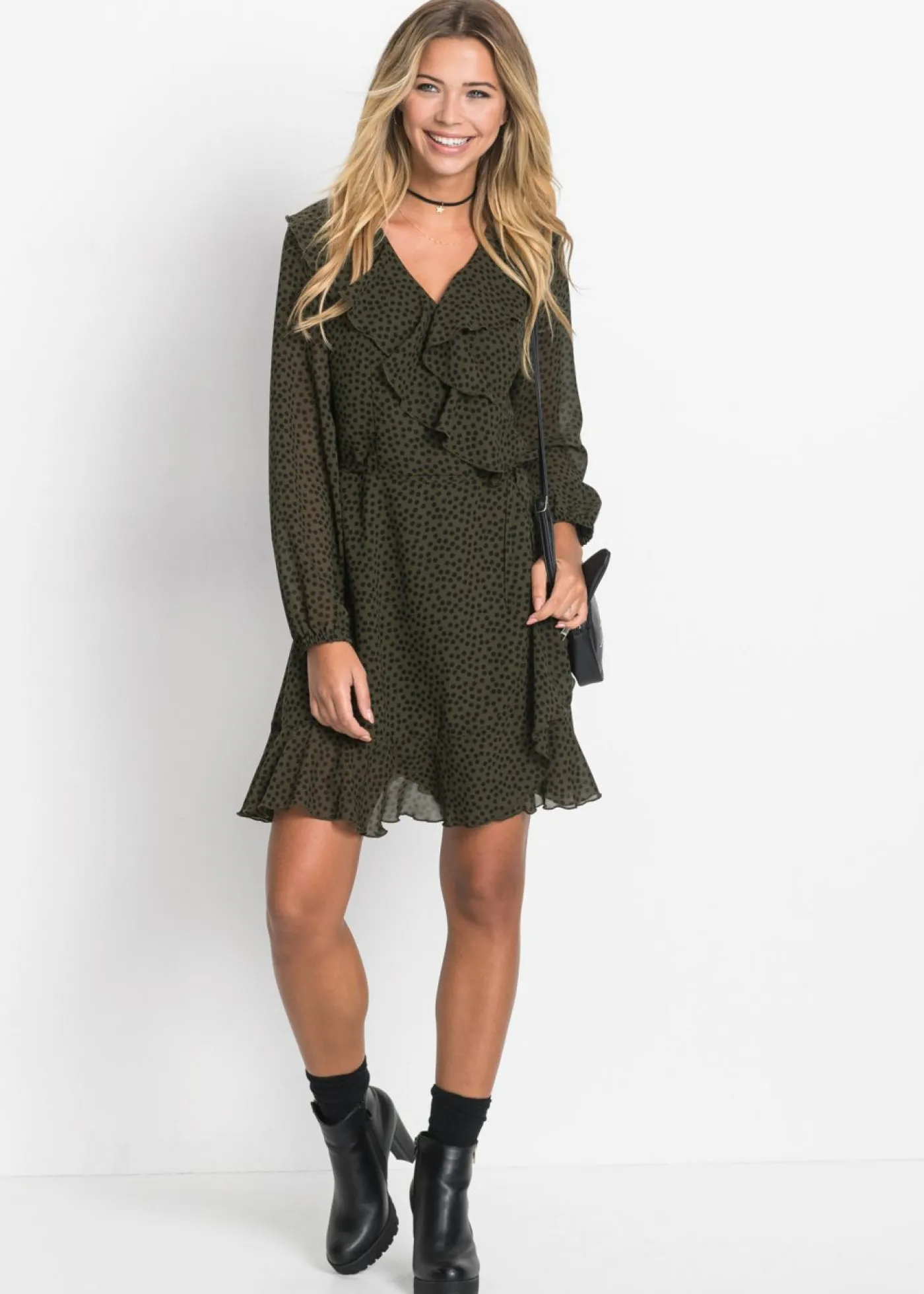 bonprix bonprix Vestido corto con efecto cruzado oliva / negro topos Sale