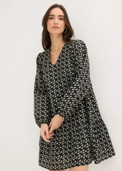 bonprix bonprix Vestido corto con estructura arrugada Negro de flores