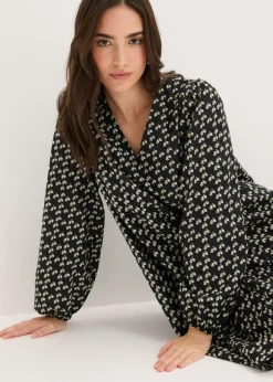 bonprix bonprix Vestido corto con estructura arrugada Negro de flores