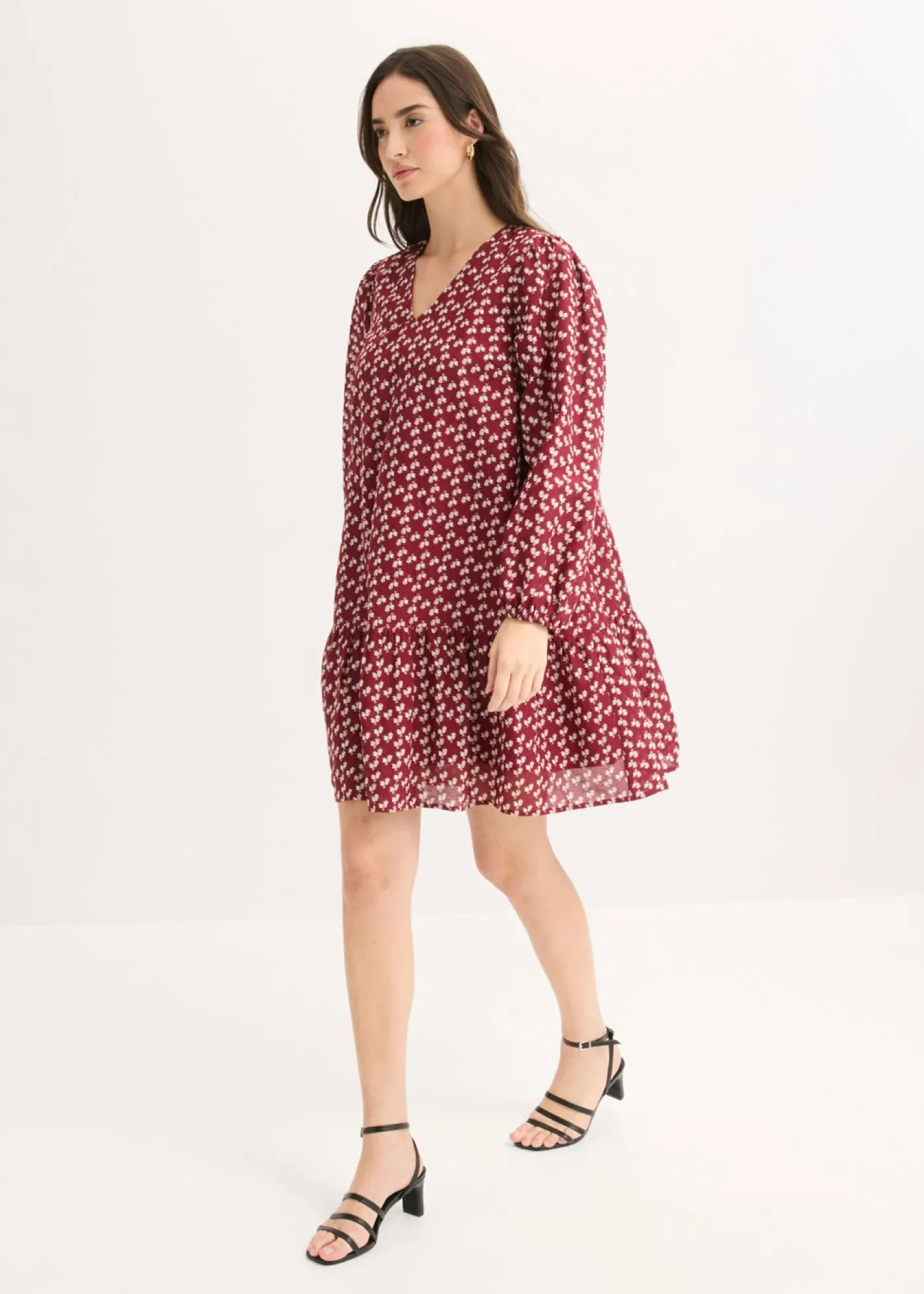 bonprix bonprix Vestido corto con estructura arrugada Rojo rubí de flores Sale