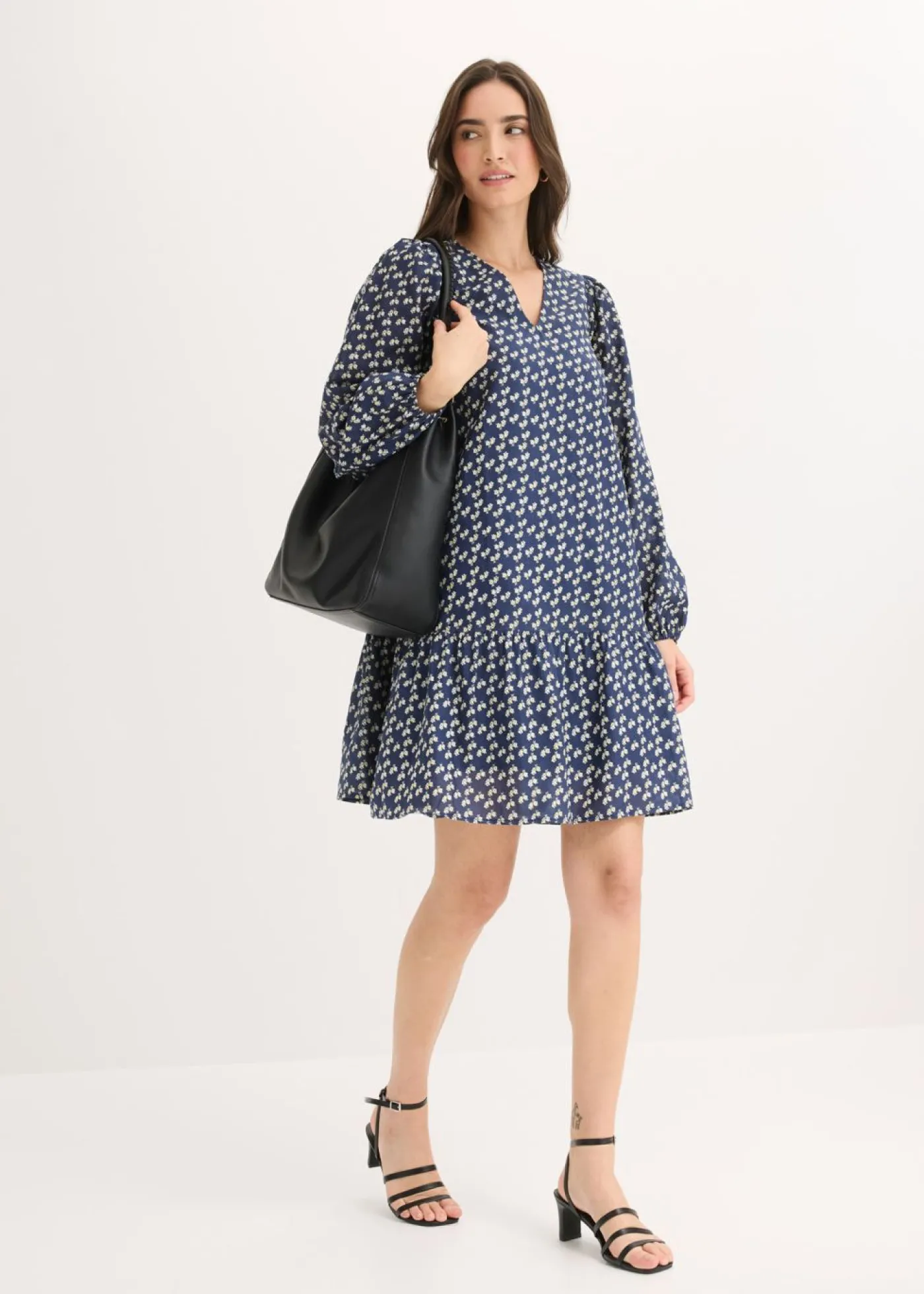 bonprix bonprix Vestido corto con estructura arrugada Azul marino de flores Outlet