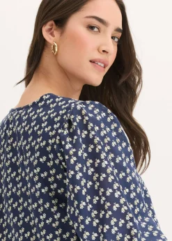 bonprix bonprix Vestido corto con estructura arrugada Azul marino de flores Outlet